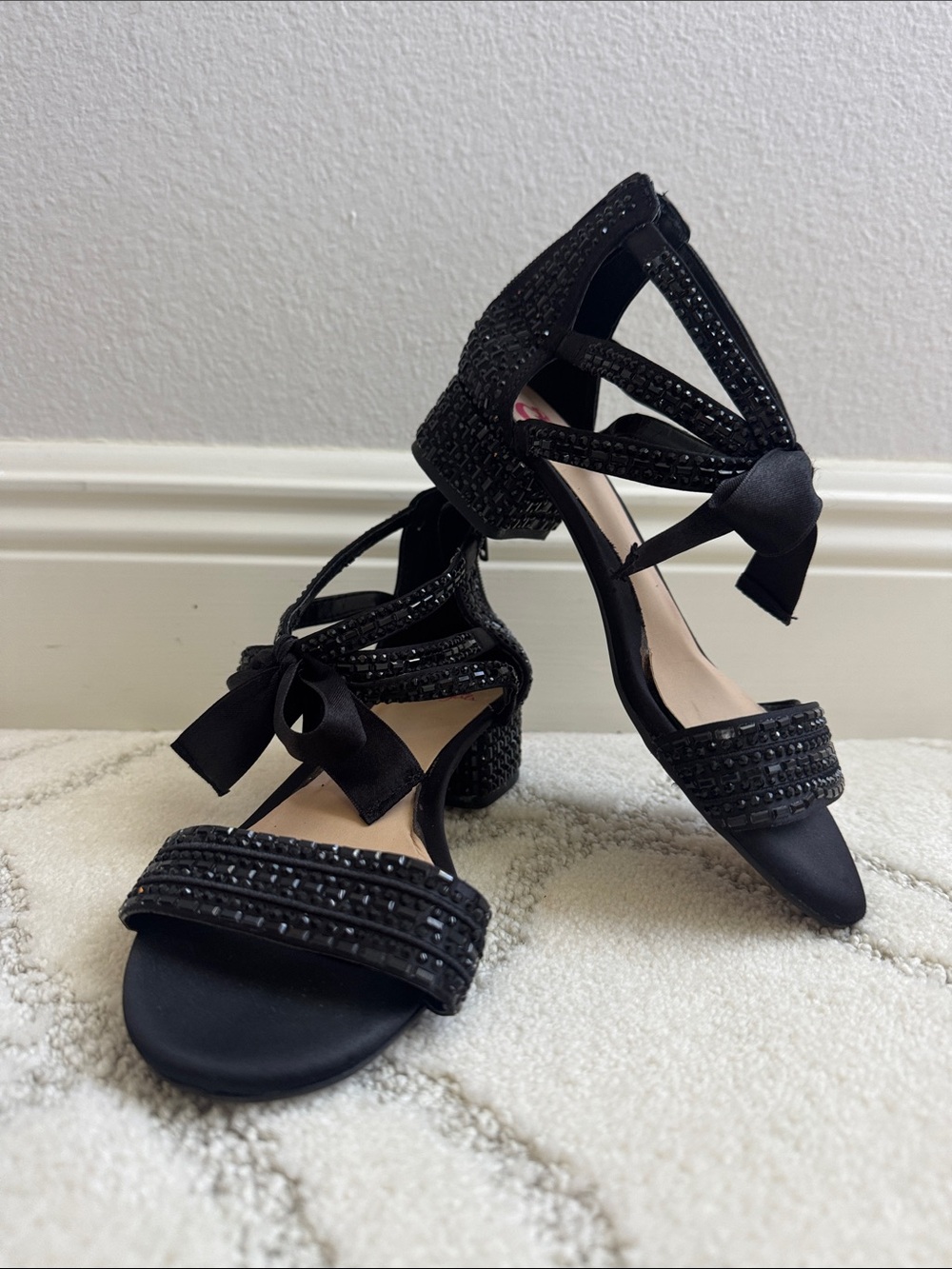 GB girls Black Embellished Block Heel Sandals with Ankle Tie